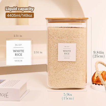 2 Pack large Square Glass Flour and Sugar Containers with 132 Kitchen Pantry Labels - Thicken 149 floz Glass Storage Jars with Airtight Bamboo Lid - Big Rice Canisters for Coffee, Pasta, Cereal - size: 149oz-2pack
