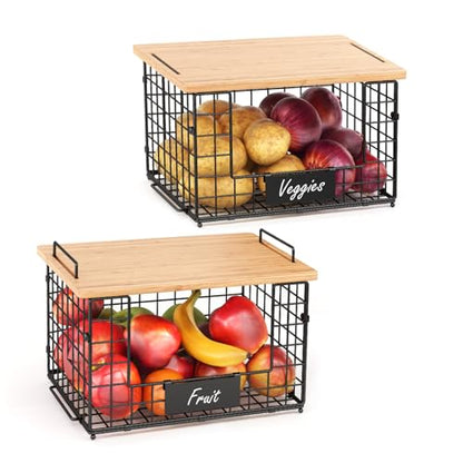 2 Pack Stackable Wire Baskets with Bamboo Top for Pantry Organizers and Storage, XXL Kitchen Organization Counter Basket for Fruit, Vegetable, Produce, Bread, Potato and Onion Storage Bins - size: XXL-15.2x11.02x9.84