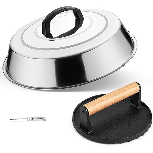 Leonyo Smash Burger Kit, 12" Basting Cover for Griddle, Round Cast Iron Bacon Press Cheese Melting Dome Lid BBQ Accessories for Outdoor Flat Top Grill, Kitchen Cooking