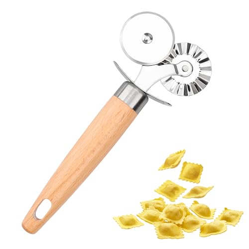 Pastry Cutter Wheel, Crinkle Wheel with Beech Wood Handle | 304 stainless steel crinkle blade, beech wood handle, multi-use for pizza pasta pastry cookie ravioli, 5 variants - color: Pastry Cutter Double Wheel
