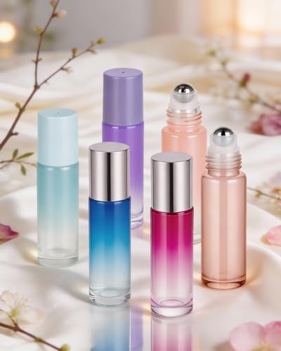 Worldgsb 12 Pack Essential Oil Roller Bottles, 10ml Refillable Glass Roller Bottles with Stainless Steel Roller Balls and Caps for Travel, Perfume and Lip Gloss Blue-Red Gradient - color: Blue-Red Gradient, style: 12 Pack