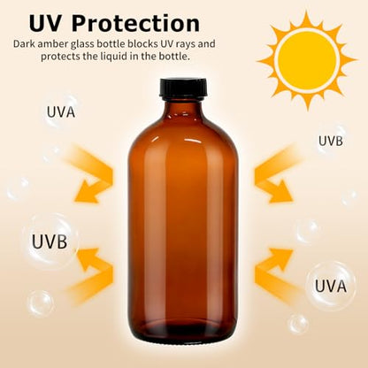15 Pack 16 oz Amber Glass Boston Round Bottles with Phenolic Polycone Caps – Airtight, Leak-Proof Brown Bottles for Kombucha Brewing, Storing Condiments, Essential Oils, and Homemade Solutions - size: 16 Ounces