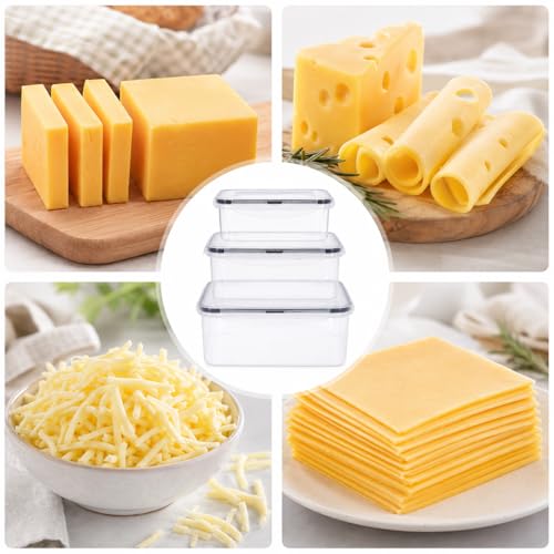 3 Pack Cheese Container for Refrigerator,Cream Cheese Slice Block Holder Airtight Lid,BPA-Free Lunch Meat Storage Container for Fridge,Dishwasher Safe,Shredded,Grated,Cheddar Cheeses Box
