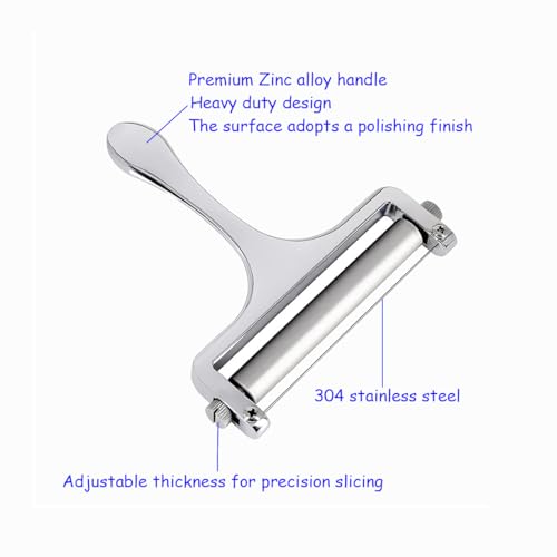 Heavy Duty Stainless Steel Cheese Slicer,Adjustable Thickness with 2 Extra Replacement Wires, Handheld Cheese Cutter for Soft & Hard Cheese, Butter, Cake (Silver)
