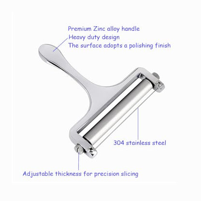 Heavy Duty Stainless Steel Cheese Slicer,Adjustable Thickness with 2 Extra Replacement Wires, Handheld Cheese Cutter for Soft & Hard Cheese, Butter, Cake (Silver)