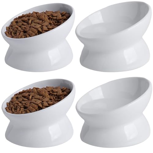 Elevated Ceramic Cat Bowl, 15° Tilted Raised Food & Water Dishes, Anti-Vomiting & Neck Protection Pet Feeder for Kittens, Small Dogs (5.2", White, 4pc Set) - color: White, size: 5Inch-4pc