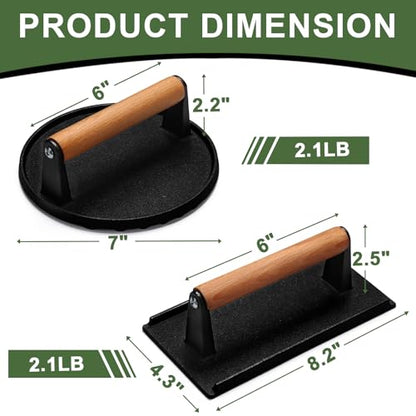 Burger Press, 7" Round & 8.2"X4.3" Rectangle Heavy-Duty Cast Iron Smash Bacon Press Meat Steak With Wood Handle for Griddle, Sandwich, Nonstick Pan - size: Round & Rectangle
