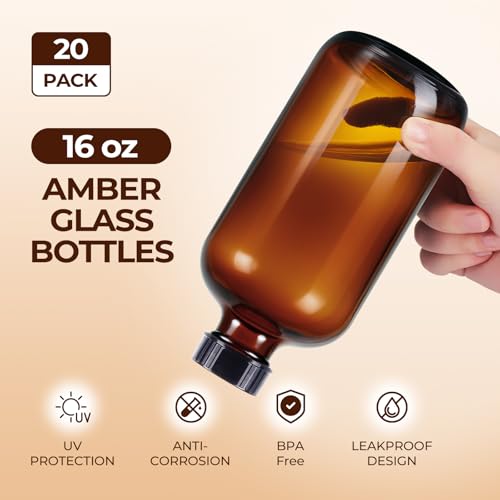 20 Pack,16 OZ Glass Bottles Boston Round Sample Refillable Bottles with Black Caps, Perfect Glass Containers for kombucha, Secondary Fermentation,Storing condiment,Homemade Essential Oils (20P Brown) - color: 20P Brown