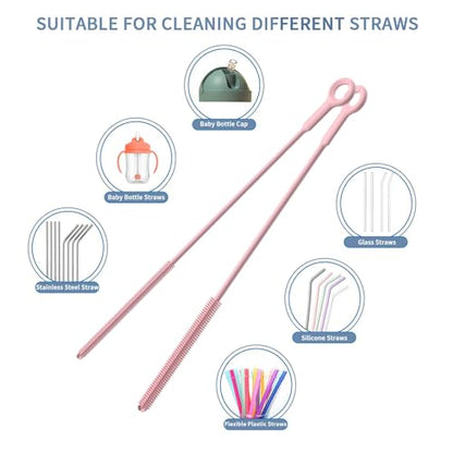 Reusable Silicone Straw Cleaner Brush Set, 2-Pack Extra Long Straw Cleaning Brush for Metal Glass Water Bottle Drinking Straws, Flexible&Bendable Design, Dishwasher Safe, 6mm & 8mm Diameter - color: Light Pink