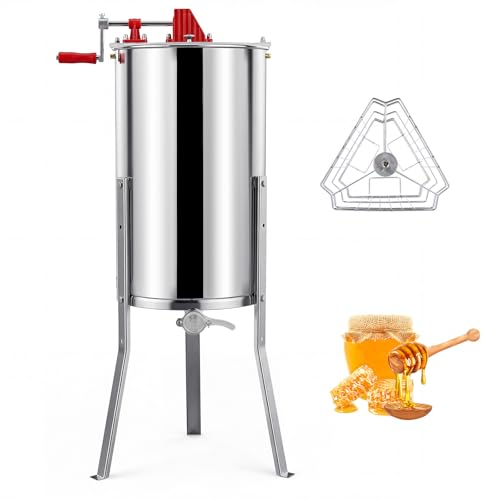 Goplus 3 Frame Honey Extractor, Stainless Steel Manual Honey Spinner with Bottom Gravity Flow Gate & Clear Lid, Honeycomb Drum Spinner, Adjustable Height Apiary Centrifuge Equipment for Home Apiary