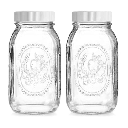 Regular Mouth Mason Jars 32 oz - (2 Pack) - Ball Regular Mouth 32-Ounces Quart Mason Jars with White M.E.M Food Storage Plastic Lids, Caps Fit Ball and Kerr Regular Mouth - For Storage, Freezing, Leak
