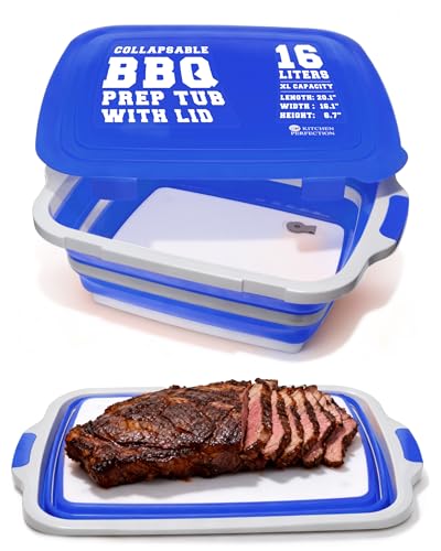 KITCHEN PERFECTION Collapsible XL Smoker & BBQ Prep Tub with Locking Lid & Cutting Board - Grill Caddy Container for Meat Marinating & Brine Perfect For Brisket, Turkey & Ribs - Best Gift For Men - color: Classic Blue