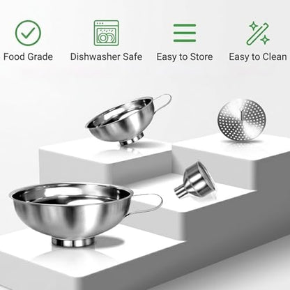 7-Piece Stainless Steel Canning Funnel Kit – Wide Mouth Mason Jar Funnels with 100/200 Mesh Strainers, Removable Filter Tip & Sponge Brushes
