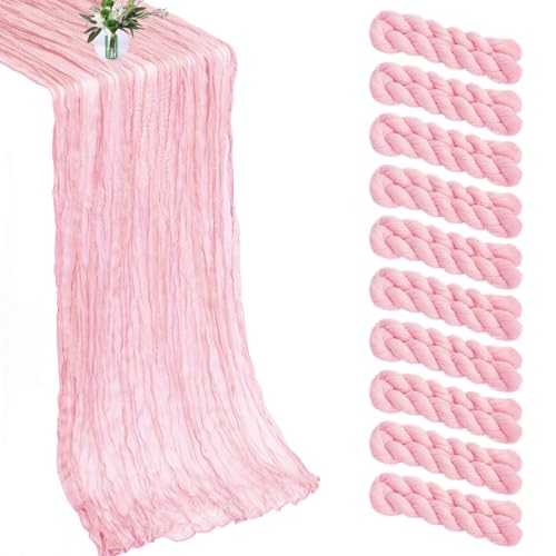 10 Pack Pink Cheesecloth Table Runner -21*120Inch Long Boho Wedding Table Decor, Rustic Gauze Fabric Runner for Bridal Showers, Baby Showers & Parties (Sheer, Lightweight, Wrinkled Design) - color: Pink, size: 120*21-10pack