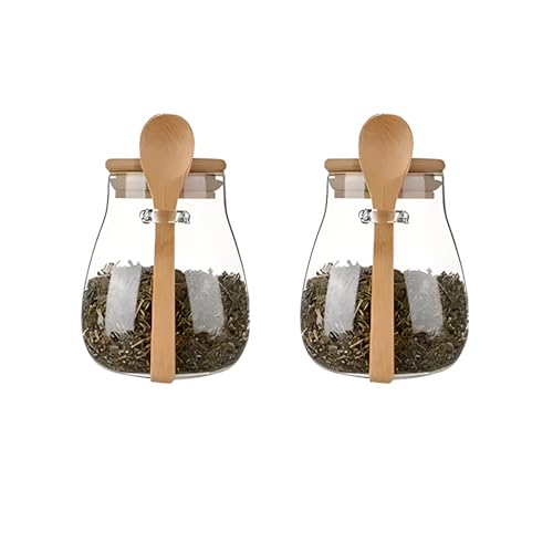 Airtight glass jar storage container with bamboo lid Set of 2, wide mouth, leak-proof, With a spoon, can be used for coffee beans, tea leaves, grains, dried fruits, etc (Small) - color: Small