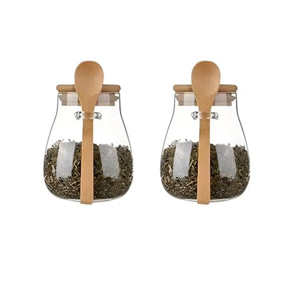 Airtight glass jar storage container with bamboo lid Set of 2, wide mouth, leak-proof, With a spoon, can be used for coffee beans, tea leaves, grains, dried fruits, etc (Small) - color: Small