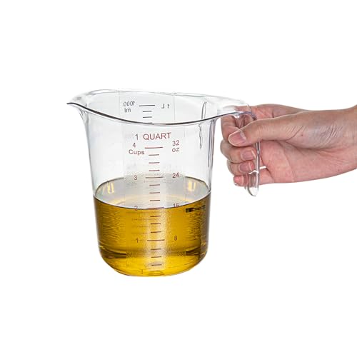 Restaurantware RW Base 1 Quart Measuring Jar 1 Durable Measuring Beaker - Metric And Imperial Units V-Shaped Spout Clear Plastic Measuring Cup Handle With Thumb-Grip Tolerates Up To 248F - color: Clear, size: 6.50" × 4.75" × 6.00"