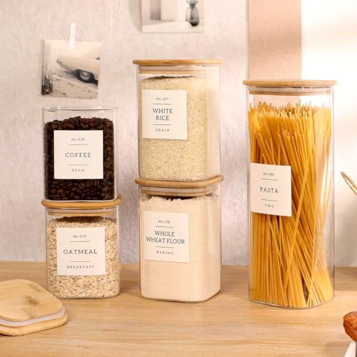 5 Pack Square Glass Pantry Storage Containers with 132 Kitchen Food Pantry Labels - Clear Glass Pantry Jars with Airtight Wood Bamboo Lids - Glass Canisters for Pasta, Cereal, Coffee, Flour, Sugar - size: 5pack