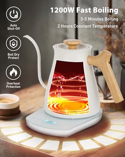 Harriet Gooseneck Electric Kettle 1200W Fast Heat, 0.8L Stainless Steel, Precision Temp Control & Timer, Wood Handle - color: White