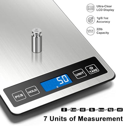 Fuzion Food Scale, 22lb/0.1oz Digital Kitchen Scale - 7 Units, Tare & PCS | Rechargeable Power, Tempered Glass & Stainless Steel - Digital Food Scale Grams and Ounces for Weight Loss, Baking, Cooking - color: Silver Blue
