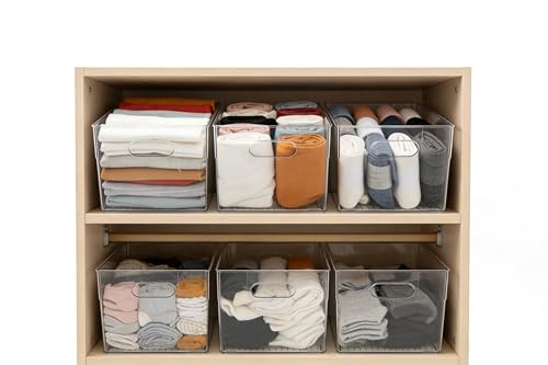 6 Pack Thick Clear Stackable Storage Bins, Cabinet Organizer, Plastiic Containers with Handle for Kitchens, Bathrooms and Fridge and Desktop