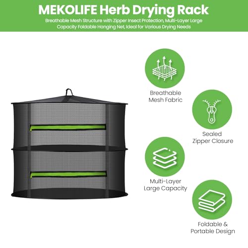 MEKOLIFE Herb Drying Rack, 2-Tier Collapsible Mesh Zip & Hooks (11.81") | Indoor & Outdoor Versatile Use, Ideal For Herbs, Socks, Underwear, Seafood, Camping Food & Dehydrated Snacks - size: 2 Layers