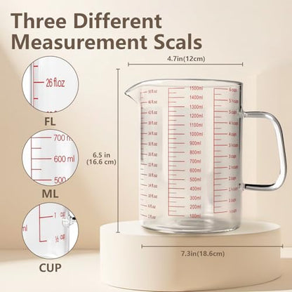 WhiteRhino Glass Measuring Cup,6Cup/1500ml/50oz Liquid Measuring Cups, Measuring Cup With Handle and V-Shaped Spout, Glass Beaker with Three Scales (OZ, Cup, ML), Dishwasher/Freezer/Microwave Safe - color: 6 Cup / 1500ml / 50oz - Glass