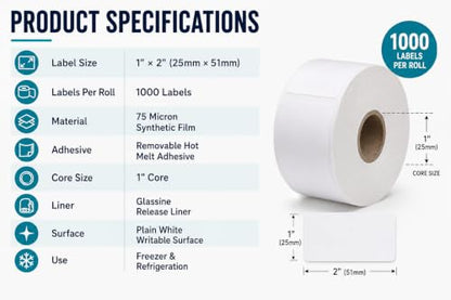 Veritack™ 1000 Removable Food Labels – 1" x 2" Roll on 1" Core – Moisture Resistant – Freezer & Refrigerator Safe – Writable Stickers for Restaurant, Meal Prep & Food Storage