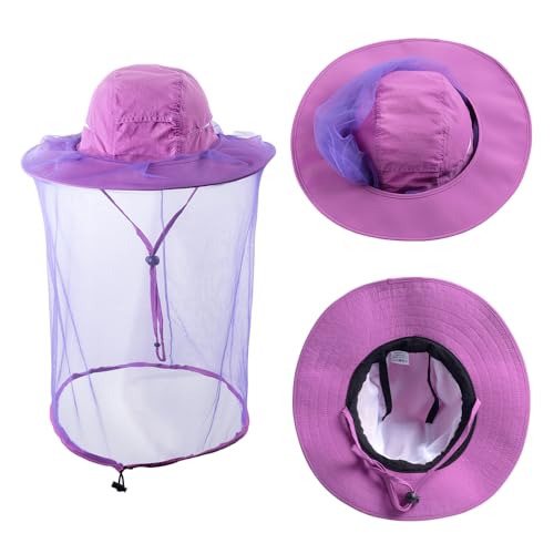 Mosquito Netting Bee Keeper Hat,Garden Bug Gnats Face Cover Head Net Veil Costume Dog Grooming Cap for Women Men Fishing - color: Purple