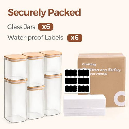 ComSaf Glass Pantry Storage Containers (0.7Qt/1.2Qt/1.6Qt) Set of 6, Glass Storage Containers with Lids, Kitchen Food Storage Jar, Square Glass Jars for Flour Cereal Sugar Tea Coffee Beans Snacks - size: 0.7Qt*2/1.2Qt*2/1.6Qt*2
