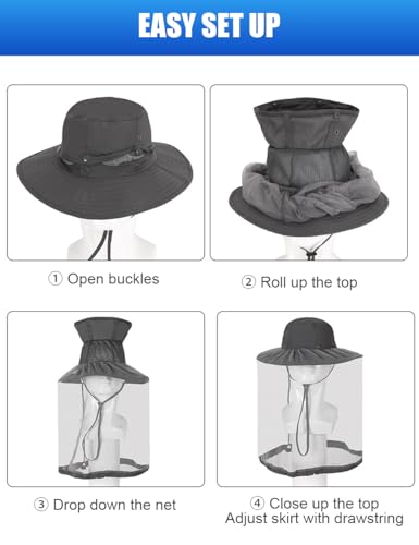 Wide Brim Bucket Sun Hat with Concealable Mosquito Mesh, Adjustable Chin Strap for Fishing, Gardening, Hiking & Camping - color: Dark Gray