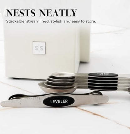 Stanless Steel Magnetic Measuring Spoons Set with Leveler - 8-Piece Heavy Duty Metal, Dual Sided, Stackable, BPA Free, Stainless Steel Measuring Spoons for Dry & Liquid Ingredient - Fits in Spice Jars - color: Black & Silver