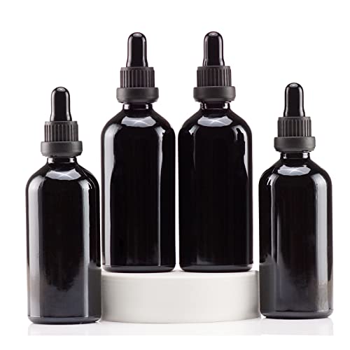 YIZHAO Black Glass Dropper Bottle 4oz, Tincture Bottles with Glass Dropper, for Essential Oils, Aromatherapy, Cosmetic, Laboratory, Pharmacy, Liquids, Travel –4 Pcs - color: Black, size: 100ml-4