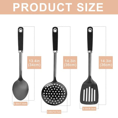 Black 3 Piece Stainless Steel Cooking Utensils Set, Metal Slotted Spoon, Slotted Turner Spatula and Skimmer Set for Frying, Serving, Dishwasher Safe - color: Z-Black Cooking Utensils