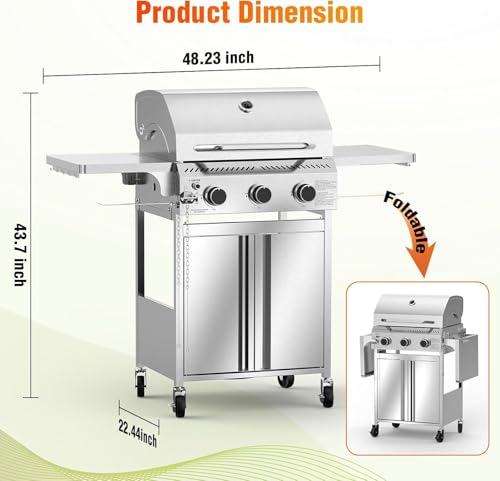 Electactic Propane Gas Grill, 3-Burner 24,000 BTU Stainless Steel BBQ Grill with Foldable Shelf for Outdoor Barbecue and Cooking - size: 3 Burner Gas Grills with Foldable Shelf
