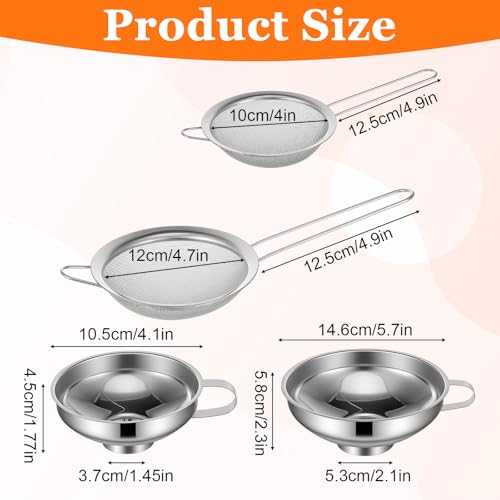 Kenaoeoe 4 PCS Stainless Steel Canning Funnel and Can Strainer Set Wide and Regular Mouth Kitchen Funnels with Fine Mesh Strainers for Kitchen Use