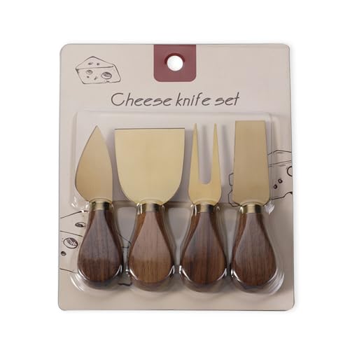 Linwnil 4-Piece Set of Stainless Steel Cheese Knives with Wood Hand, Including Cheese Slicer and Cheese Cutters, Essential Cheese Tools for the Kitchen (Walnut handle, Gold) - color: Gold
