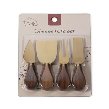 Linwnil 4-Piece Set of Stainless Steel Cheese Knives with Wood Hand, Including Cheese Slicer and Cheese Cutters, Essential Cheese Tools for the Kitchen (Walnut handle, Gold) - color: Gold