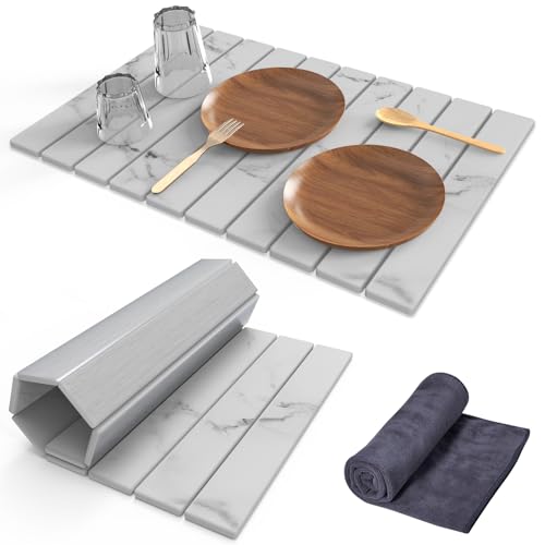 Stone Dish Drying Mat for Kitchen Counter,24"(L)×16"(W) Collapsible Fast-Drying Diatomaceous Earth Mats with Towel Sanding Tool,Versatile Stone Drying Mats for Cups Dishes Bottles - color: Marble-Grey, size: 24"L x 16"W