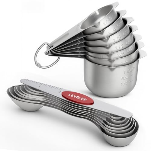 ChefAide Measuring Cups and Spoons Set, 304 Stainless Steel Measuring Cups Set of 7,8 Magnetic Stainless Steel Measuring Spoons & 1 Leveler for for Measure Dry and Liquid Ingredients - color: Stainless Steel+Multicolor, size: Measuring Cups and Spoons Set