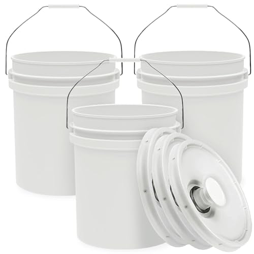 5-Gallon White Bucket Pail with Spout Lid, Metal Handles with Plastic Grip for Easy Carrying, Easy Stack and Store, Heavy-Duty Extra Durable, Food Grade, BPA Free - 3 Pack - color: 3 Pack, size: 5 Gallon