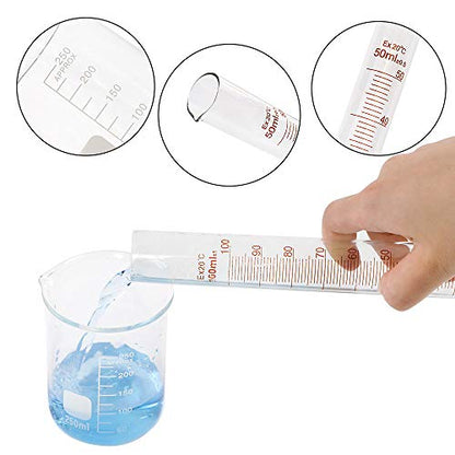 SUPERLELE Glass Graduated Cylinder Set 10ml 25ml 50ml 100ml, Thick Glass Beaker Set 50ml 100ml 250ml with 2 Droppers