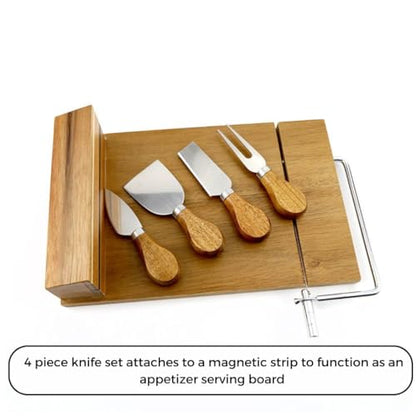 Cheese Slicer (11.7” x 9” x 3”) - Acacia Wood Board Cheese Cutter with Wire - 4 Magnetic Cheese Knife Set w/ Anti-Slip Board - Stainless Steel Cheese Slicers for Block Cheese w/ Replacement Wire