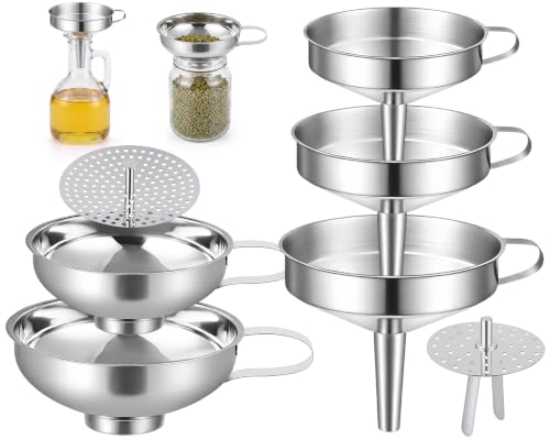 2 Sets Kitchen Stainless Steel Funnel Set Filter Funnel Wide Mouth and Narrow Mouth Each with Removable Fine Mesh Strainer Food Grade Cooking Kitchen with Handles for Liquids Jars Bottles