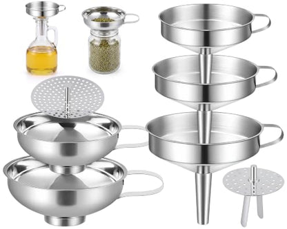 2 Sets Kitchen Stainless Steel Funnel Set Filter Funnel Wide Mouth and Narrow Mouth Each with Removable Fine Mesh Strainer Food Grade Cooking Kitchen with Handles for Liquids Jars Bottles