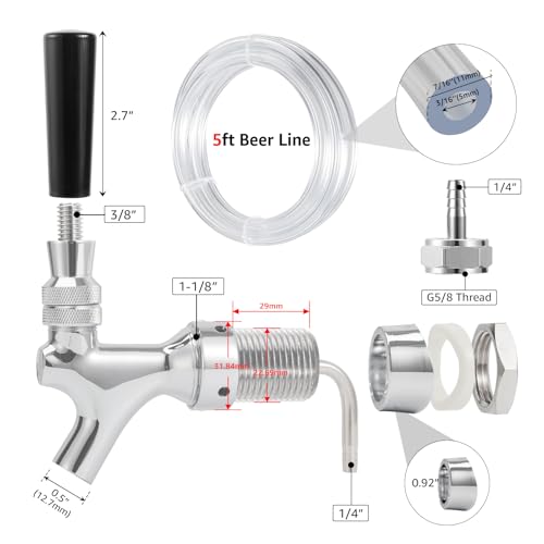 Ferroday Beer Faucet Beer Line Shank Faucet Kit, Kegerator Parts Beer Tower Replacement Kit with Self-Closing Spring Beer Tap, 5 Ft 3/16" Beer Line Tubing Keg Coupler Barb Wrench Clamp Brush Cover