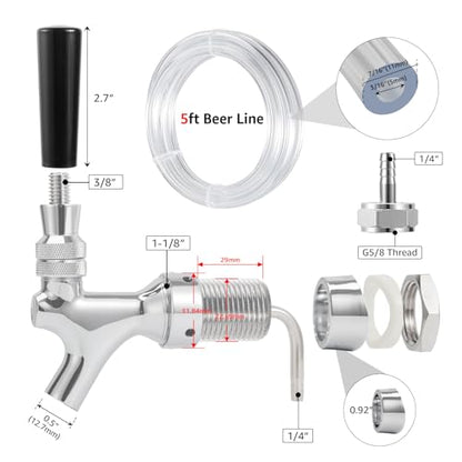 Ferroday Beer Faucet Beer Line Shank Faucet Kit, Kegerator Parts Beer Tower Replacement Kit with Self-Closing Spring Beer Tap, 5 Ft 3/16" Beer Line Tubing Keg Coupler Barb Wrench Clamp Brush Cover