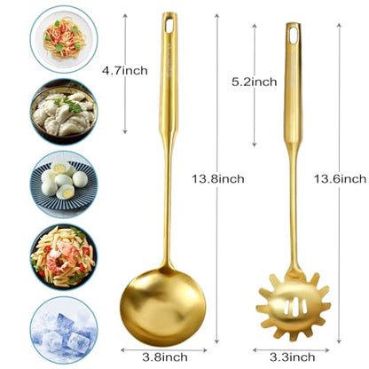 Gold Soup Ladle and Spaghetti Spoon Set - 18/10 Stainless Steel Soup Spoon，Pasta Strainer, 13.8" Kitchen Utensils for Cooking，Stirring, Serving Pasta, Soup & Sauce, Perfect Gifts - size: Gold