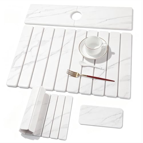 3 PCS Large Stone Dish Drying Mat for Kitchen Counter, Quick Dry Stone Dishes Mats, Sink Faucet Mat, Marble Water Absorbing Diatomaceous Earth Drying Pad for Countertop Tableware, Bottles - color: White Grey Marble