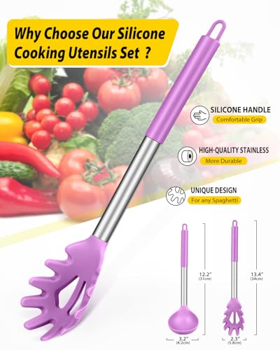 Silicone Pasta Fork and Ladle Spoon Set, Large Non Stick Kitchen Utensils for Cooking,Stirring,Serving Spaghetti, Soup, Sauce (PURPLE) - color: Purple